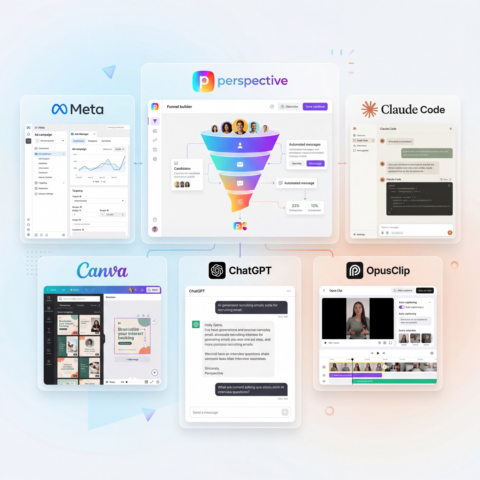 Tool-Ökosystem: Meta, Perspective, Canva, ChatGPT, Claude Code, OpusClip